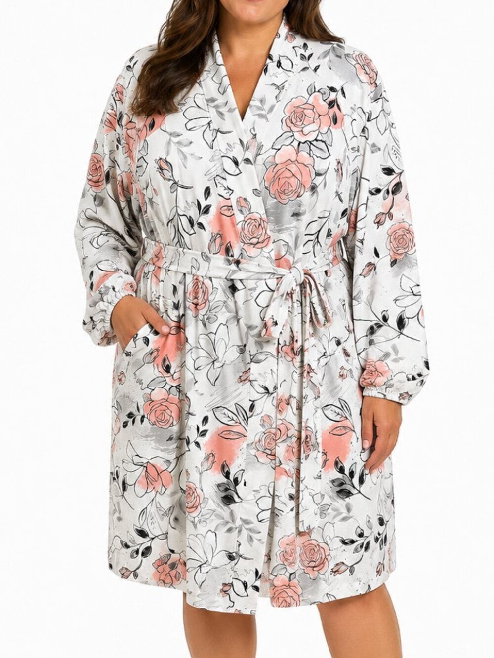 La Vie en Rose Floral Robe XL Soft Stretch Belted Lounge Robe Pink White